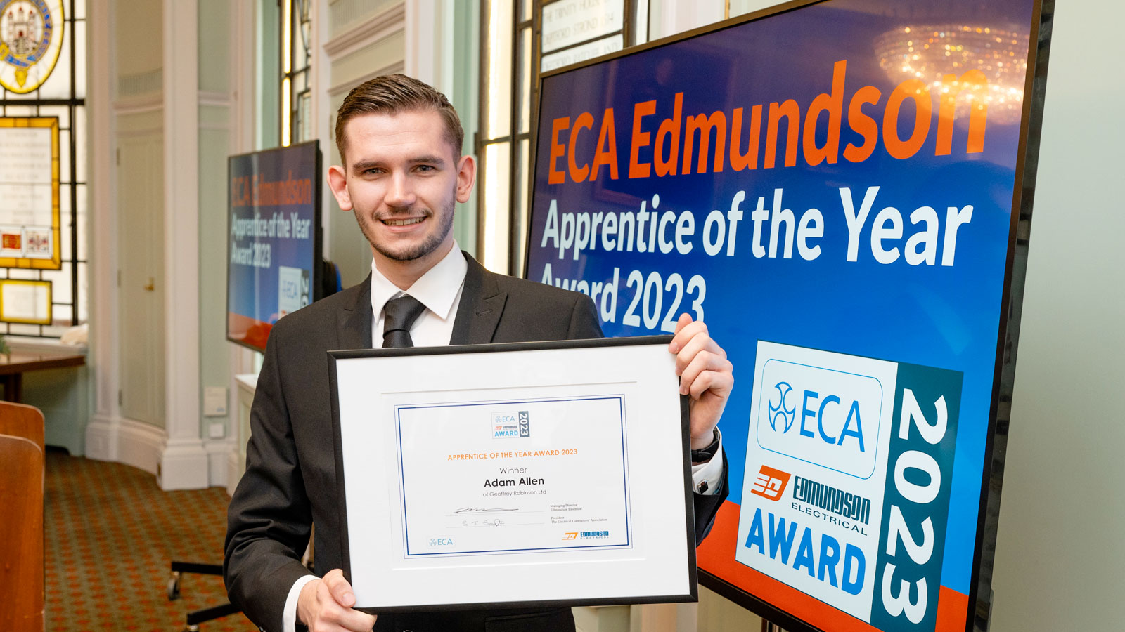 Adam Allen, from Teesside-based electrical contracting business Geoffrey Robinson Ltd, took home the 2023 ECA Edmundson Apprentice of the Year Award.